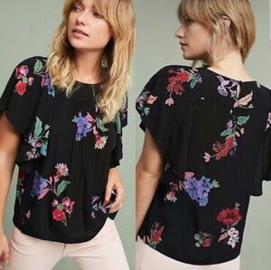 ❤️ ANTHROPOLOGIE MAEVE PRATO FLUTTER SLEEVE BLACK FLORAL TOP, LARGE